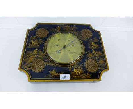 A 1920's black painted chinoiserie pattern wall barometer, the brass dial inscribed A. Franks Ltd, Manchester, 39 x 31 cm 