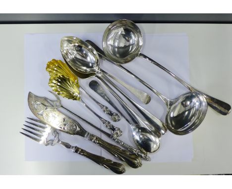 Epns flatwares to include three serving spoons, two soup ladles, fish knives and forks and a toasting fork (a lot) 