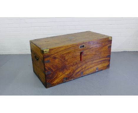 19th century camphorwood and brass bound trunk, with handles to side, complete with key, 103 x 52cm