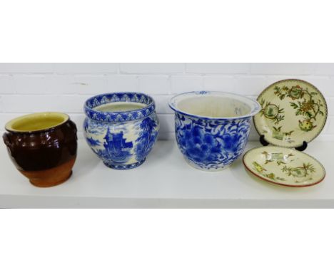 Cauldon blue and white chariot pattern pottery planter together with Staffordshire plates, glass jelly mould and other pots, 