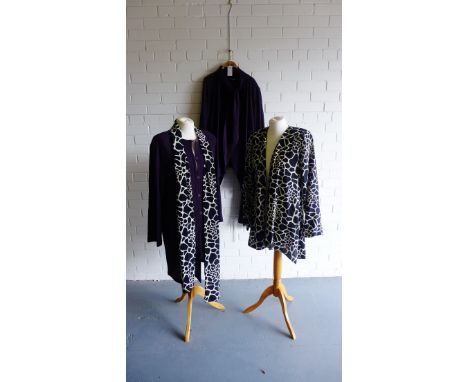 Jean Muir 100% wool crepe two part suit in aubergine comprising long sleeved jacket with scarf fastening and pair of palazzo 