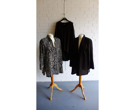 Jean Muir 100% wool crepe two part suit in chocolate brown comprising an open necked blouse and palazzo pants, size 14, toget