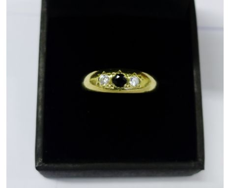 9 carat gold three stone diamond and sapphire ring 