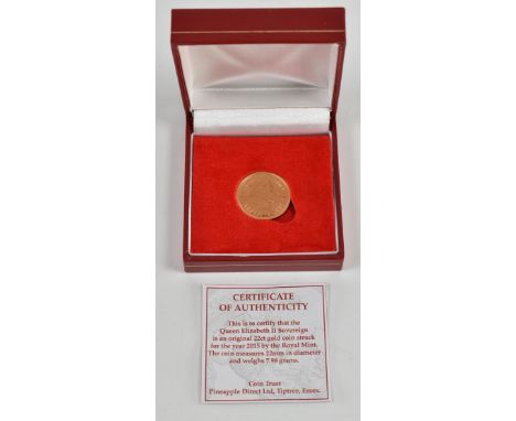 UNITED KINGDOM - Elizabeth II, 22ct gold full sovereign, 2015, the obverse shows the fifth coinage portrait of Queen Elizabet