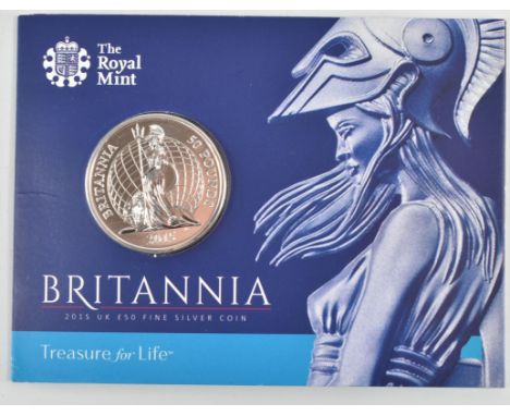 UNITED KINGDOM - The Royal Mint, 2015, £50 pounds 999 fine silver brilliant uncirculated coin. The obverse with Jody Clark's 