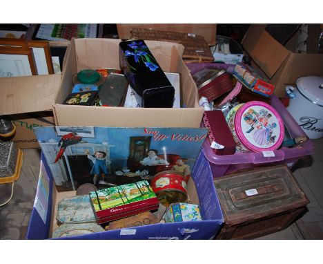 Three boxes containing old tins, ammunition box, animal ear tags, modern plaques, etc.