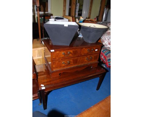 A small low music centre unit, 31" x 17 1/2" x 16 1/2" high, plus four lamp shades and a cross-banded coffee table with a gla