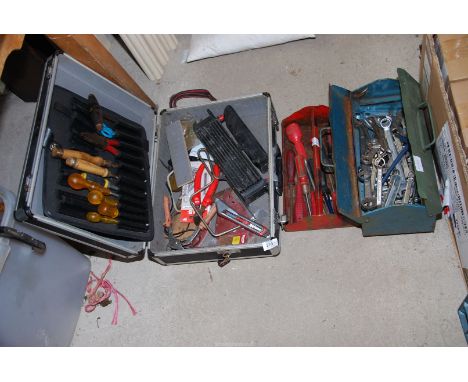 A metal tool box, mixed spanners, screwdrivers, an aluminium case of various tools, a 9-row oil cooler, etc.,