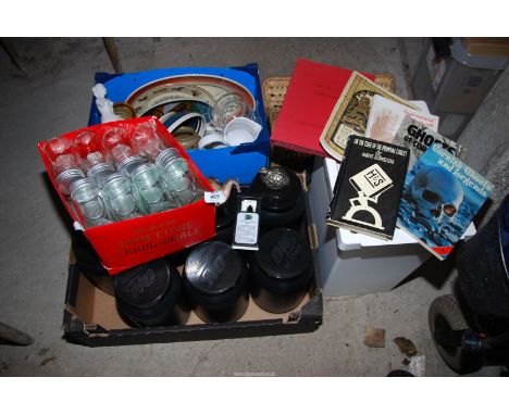 A plastic bin, plastic containers, glass jars, china, meat plates, jugs, etc.