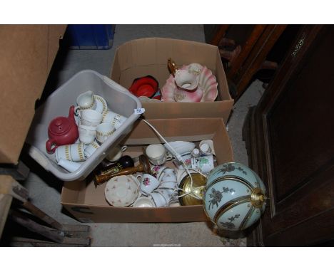 Two boxes containing mixed china, table lamp, small jug and a wash bowl, etc.