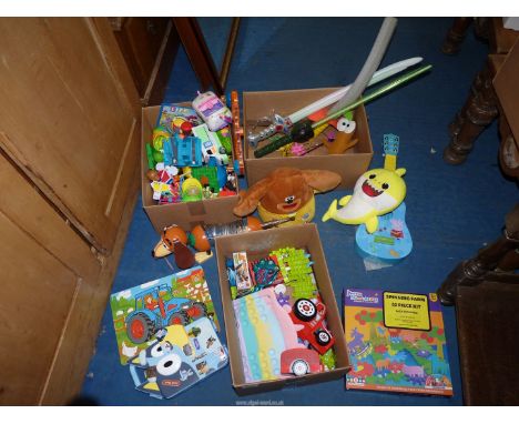 Children's toys to include a wooden tractor and trailer, jigsaw, Dennis & Gnasher, etc.