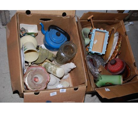Two boxes containing ornaments, enamel kettle, etc. 