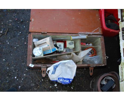 A wooden tool box and contents.