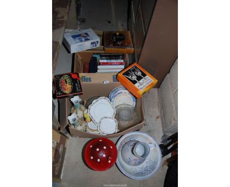Three boxes containing wash jug and basin, vases, mixed china, books, photo frames, etc.