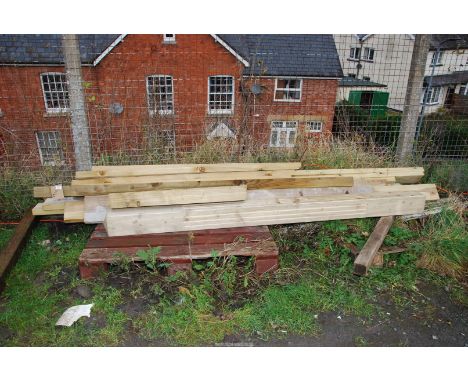 A quantity of timber including tanalised lengths, 6'' square gate post x 94'' long.