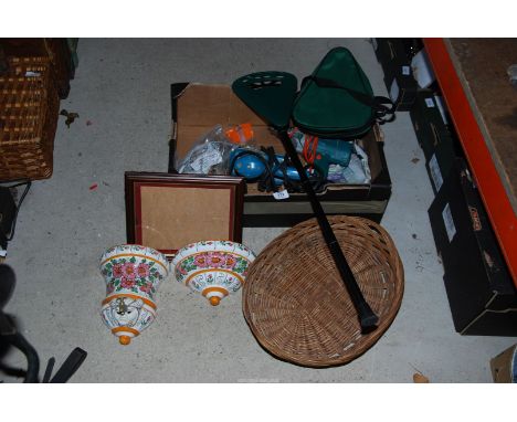 A box of miscellanea including Black & Decker drill, Black & Decker sander, wall pockets, baskets, etc.
