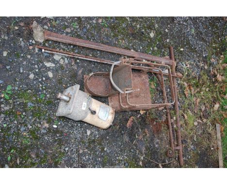 A swing Arm for a CI grate, Threaded Bar, a Rotamilk Electric Motor, and a battery cage with bracket.