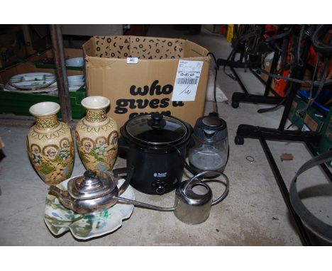 A slow cooker, Chinese vases, kettle, plated teapot, wall plates, etc.