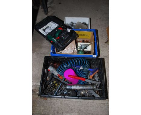 Three boxes of tools including grease gun, air line hose, oil can, wheel spider, cordless drill, etc.