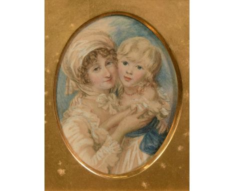 19th Century English School, a portrait of Mrs Clements and her son Johnnie, watercolour, 3.25" x 2.5" (8 x 6cm) oval.