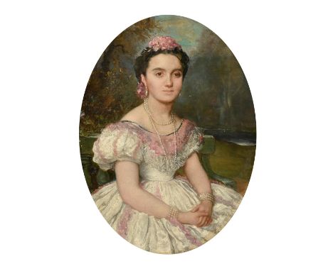 Late 19th Century French School, a portrait of a lady with pearls in a formal park, oil on canvas, 16" x 12.75" (40 x 32.5cm)