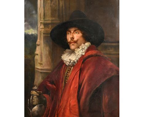 Alexandre de Andreis (1871-1939) Belgian, a portrait of a cavalier holding his sword, oil on canvas, signed, 32" x 25.5" (81.