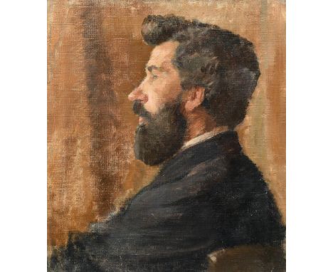 Attributed to Harrington Mann, a bust length portrait of a gentleman in profile, oil on canvas, inscribed verso, 16" x 14" (4