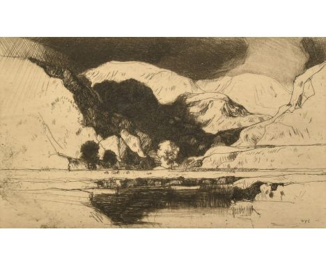 David Young Cameron, a mountain lake scene, etching, unsigned, plate size 3.5" x 6" (9 x 15cm), along with two further etchin