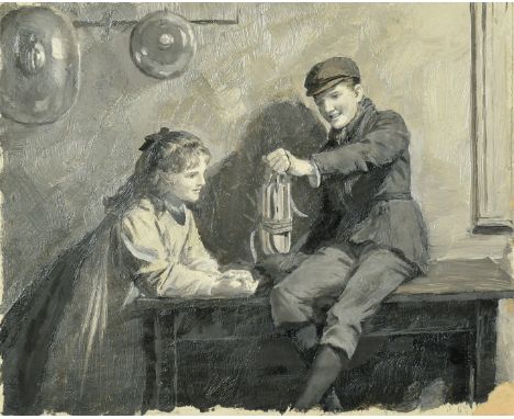 Percy Tarrant (1855-1934), an illustration of two children one holding a lamp, oil on board, 5" x 6" (13 x 15cm).