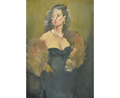 Attributed to Montague Leder (1897-1976), an oil on paper portrait of a lady in evening dress, 20" x 14" (50 x 36cm), along w