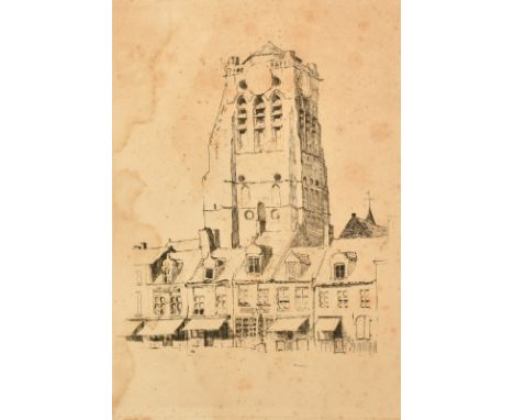 Attributed to Theo van Rysselberghe, an etching of a church tower and terrace, 13.75" x 10" (35 x 25.5cm), unframed, a/f.