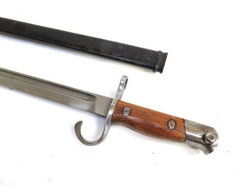 A Japanese Arisaka Type 30 bayonet with single fuller blade, blackened steel scabbard, hooked quillon hilt