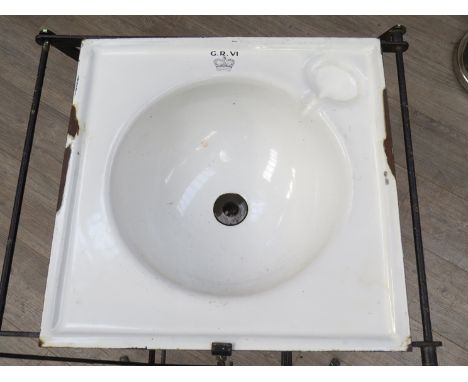 A George VI officer's enamel campaign washstand on folding ironwork base, possibly WWII