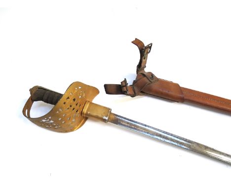 A George V 1897 pattern cavalry officer's sword with pierced hilt bearing cypher and battledress scabbard and frog 