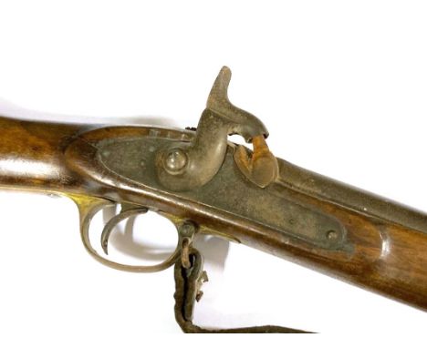 A Victorian 1853 pattern Enfield musket, the lock dated 1864, three band with socket bayonet and scabbard