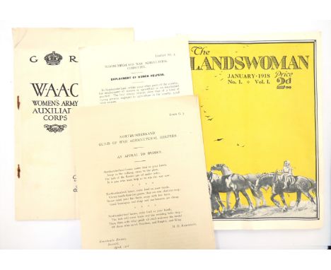 A quantity of ephemera relating to WWI Women's Land Army including "Costume for Women Workers on the Land", "An Appeal to Wom