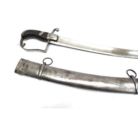 A 1796 pattern light cavalry officer's sabre with plain blade, joining a stirrup hilt and ribbed leather grip, rounded square