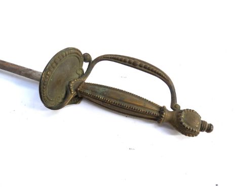 A late 19th / early 20th Century English court / dress sword with beaded gilt brass hilt and flat-backed blade, with scabbard