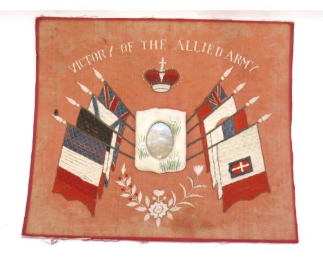 A WWI embroidered silk "Victory of the Allied Army" flag display with central photographs, a quantity of 19th Century militar