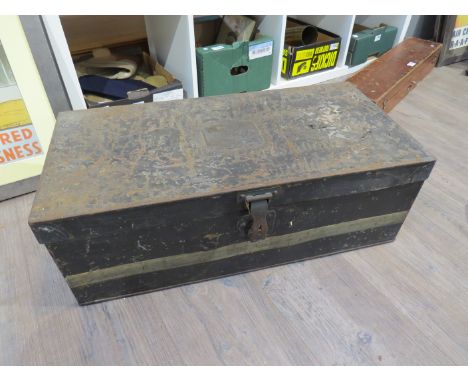 A military tin trunk with indistinct painted letters "HMS...Portsmouth" with plaque "J.C. BUFTON R.H." a/f