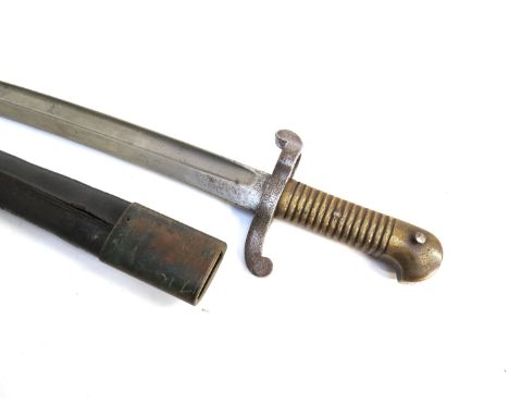 A French 1842 pattern Yataghan sword bayonet, leather scabbard a/f