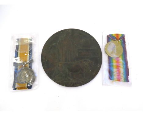 A WWI pair of medals named to 13737 PTE. W.G. EMERSON NORF. R. 8th Bn. died 05/10/1916, together with memorial plaque / death