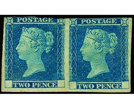 QUEEN VICTORIA - 1841 (January 15) Small trial of the 2d blue (SG Spec DP43), horizontal pair just cut into at top to very la