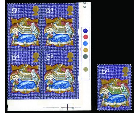 QEII ERRORS & VARIETIES - 1970 Christmas 5d, error 'Emerald omitted' (SG 839b), lower right corner block of four with 'traffi