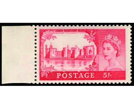 QEII ERRORS & VARIETIES - 1959-68 Bradbury Wilkinson Castle, 5s red error 'Printed on gummed side' (SG 596ab) left hand margi