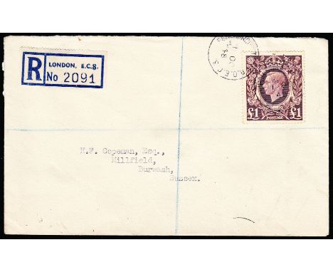 POSTAL HISTORY - KING EDWARD VIII AND KING GEORGE VI COVER - First Day Covers: 1939-48 £1 brown 'Arms' (SG 478c) used on plai