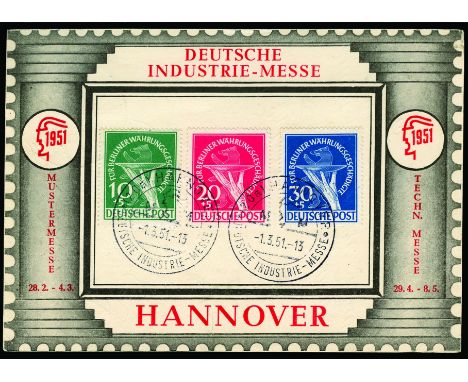 WEST BERLIN - 1949 Berlin Relief Fund set (SG B68/70) used on front of 1951 'Industrie-Messe' card sent to England, all tied 
