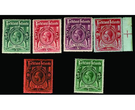 FALKLAND ISLANDS - 1912-20 3s slate-green to £1 black/red (SG 66-69) with additional 5s maroon and 1921-28 3s, to 10s with li