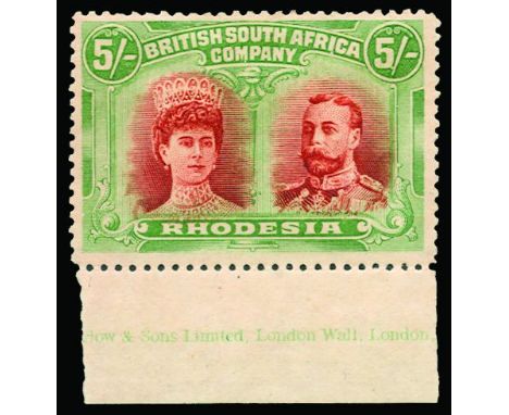 RHODESIA - 1910-13 "Double Heads" 5s vermilion and deep green (SG 159) lower marginal with part imprint, hinge remain but sti