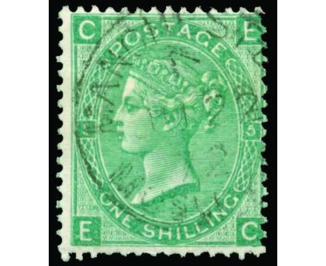 QUEEN VICTORIA - SURFACE PRINTED - 1867-80 Watermark Spray of Rose 1s green plate 5 lettered EC showing variety 'Extended tai
